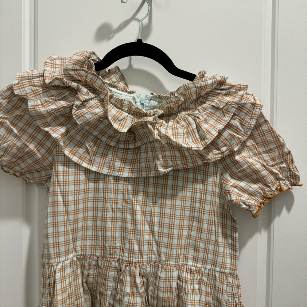 Pink Chicken Plaid Ruffle Dress Brown Size 14 - Picture 3 of 4